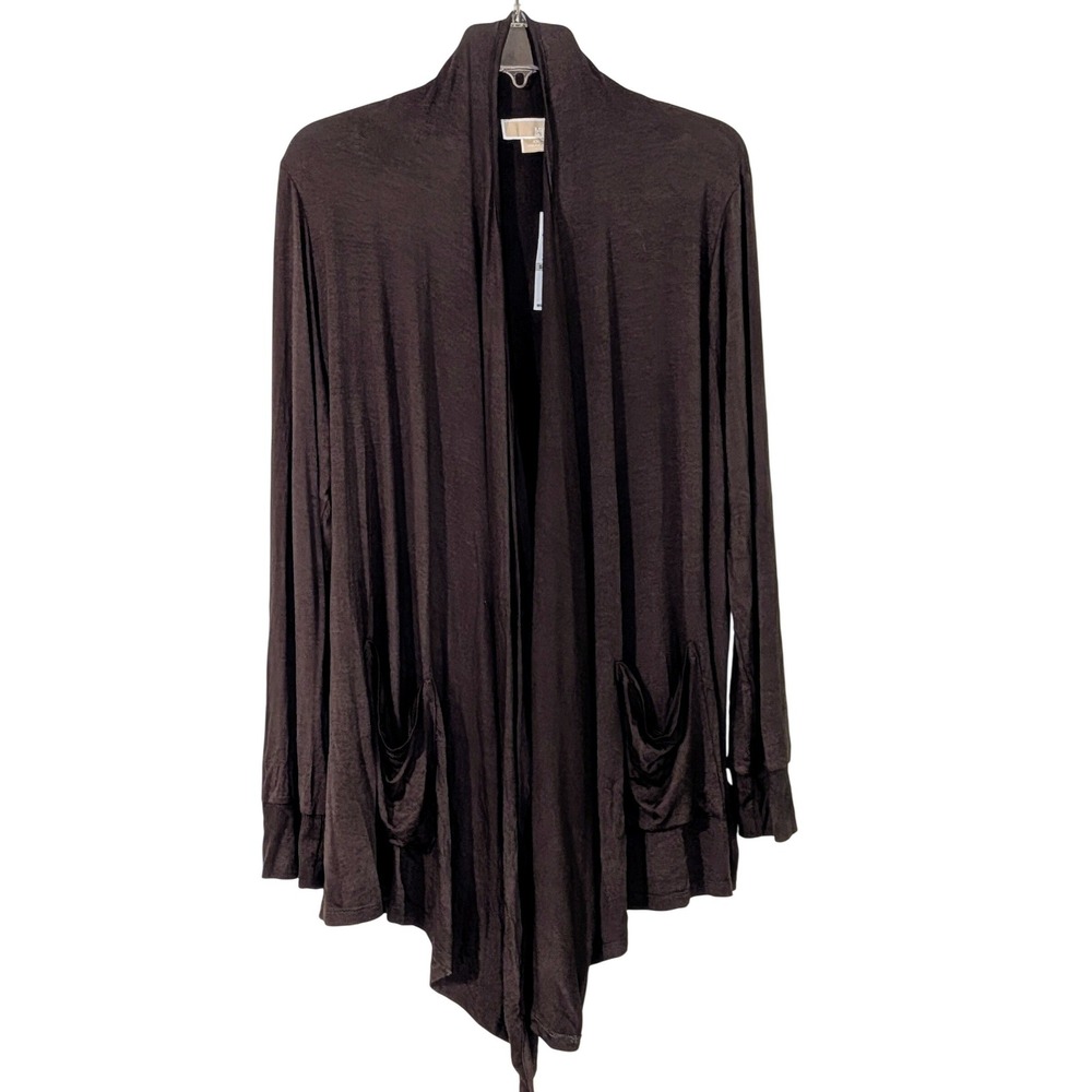 Michael Kors Women 1X Brown Waterfall Draped Open Front Cardigan Pockets NWT $90